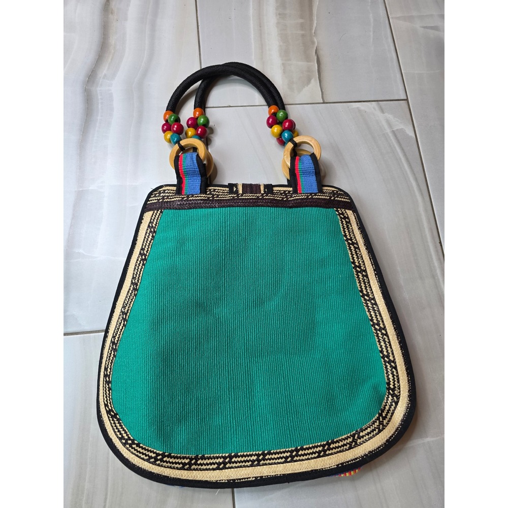 Boho Woven Straw Striped Tote Bag Multi Color Embroidered Floral Wooden F1 - Picture 14 of 16